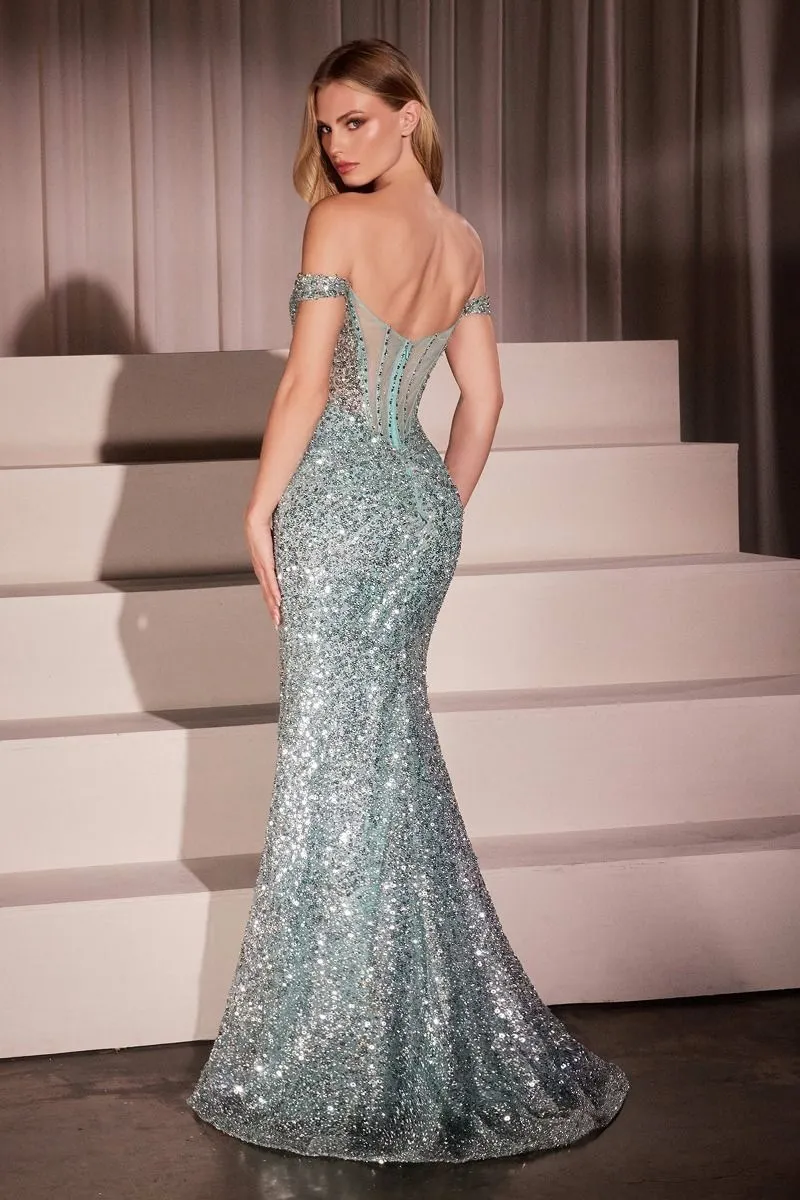 CD CM373 - Off the Shoulder Full Sequin Fit & Flare Prom Gown with Sheer Detailed Bodice & Leg Slit