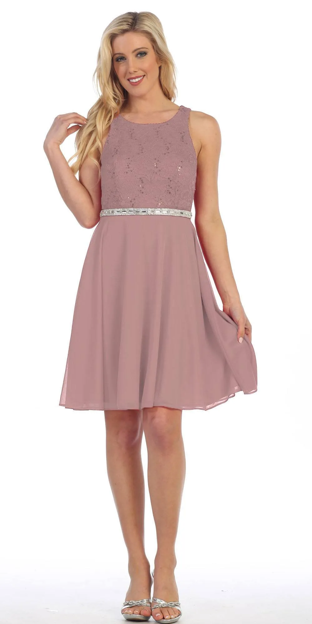 Celavie 6253 Scoop Neck Lace Top Knee-Length Cocktail Dress