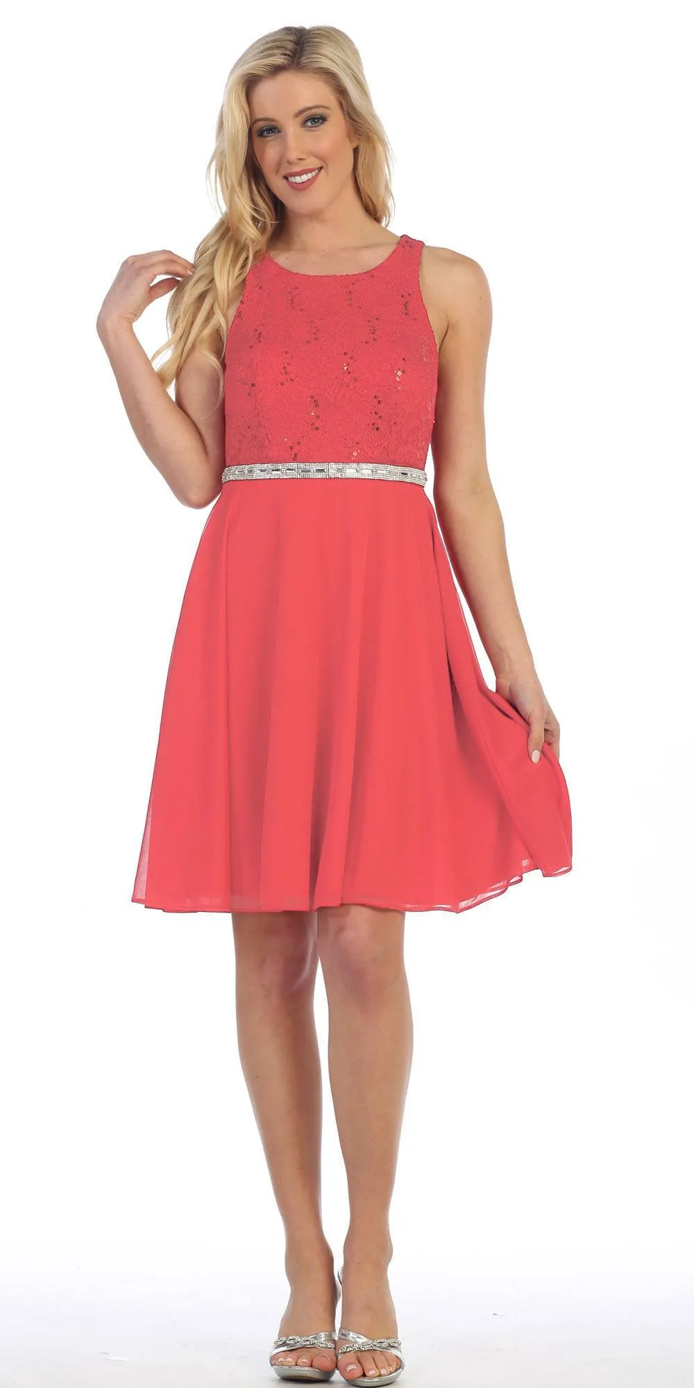Celavie 6253 Scoop Neck Lace Top Knee-Length Cocktail Dress