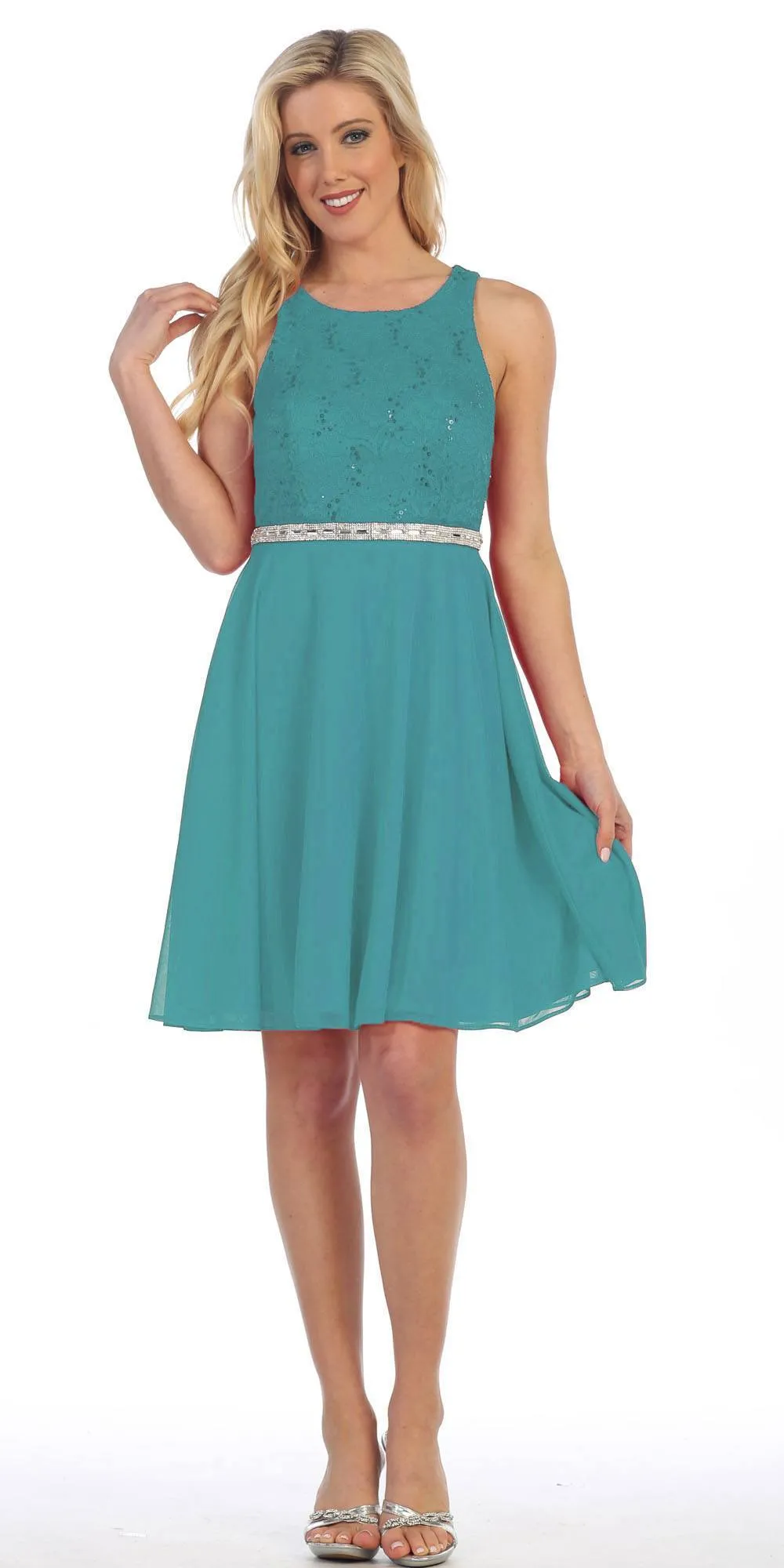 Celavie 6253 Scoop Neck Lace Top Knee-Length Cocktail Dress