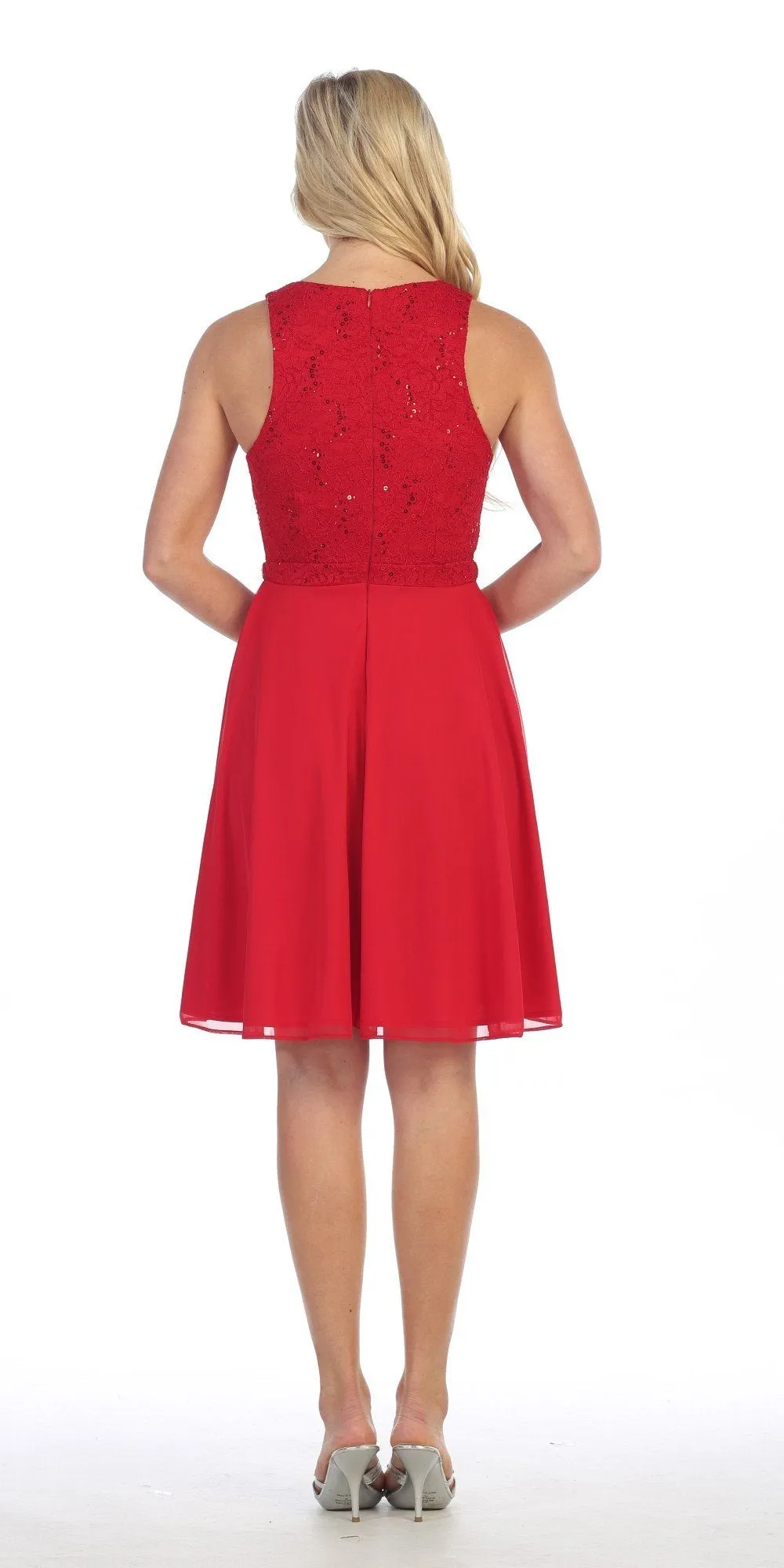 Celavie 6253 Scoop Neck Lace Top Knee-Length Cocktail Dress