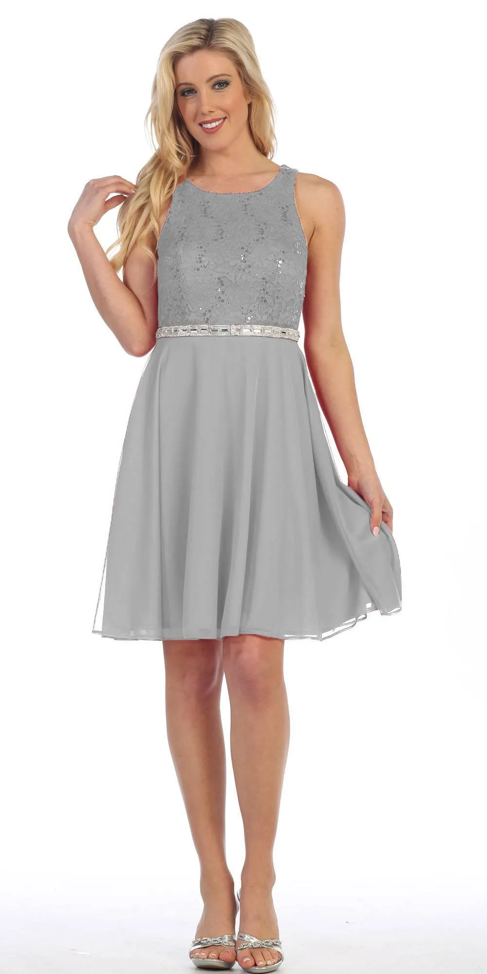 Celavie 6253 Scoop Neck Lace Top Knee-Length Cocktail Dress