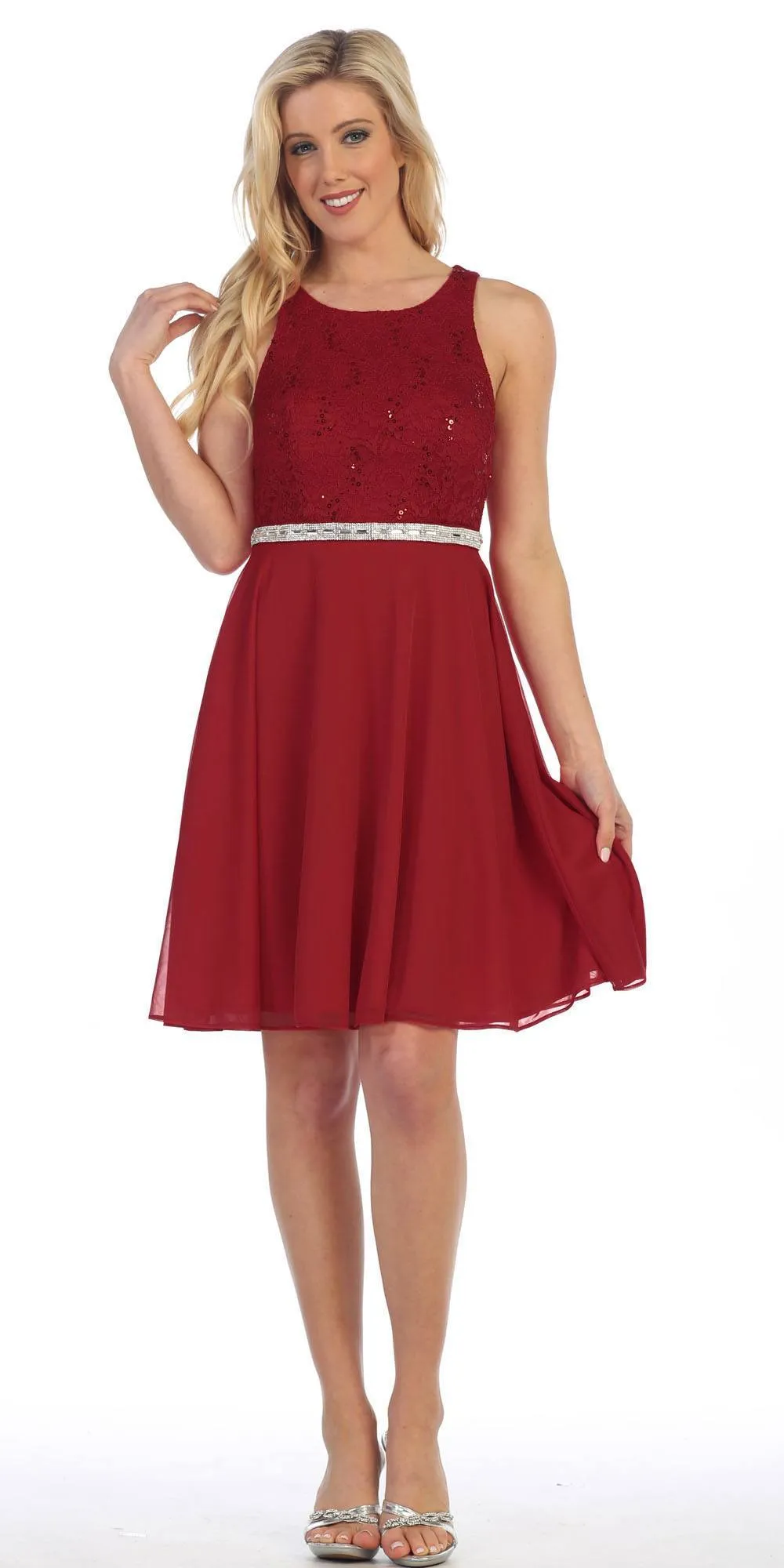 Celavie 6253 Scoop Neck Lace Top Knee-Length Cocktail Dress