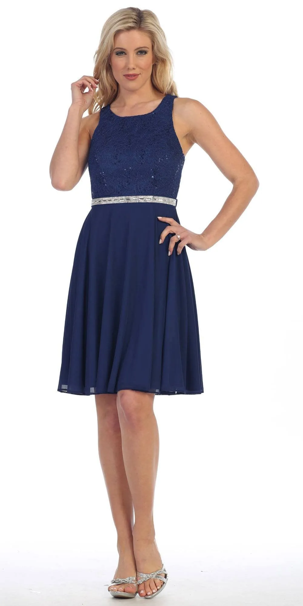 Celavie 6253 Scoop Neck Lace Top Knee-Length Cocktail Dress