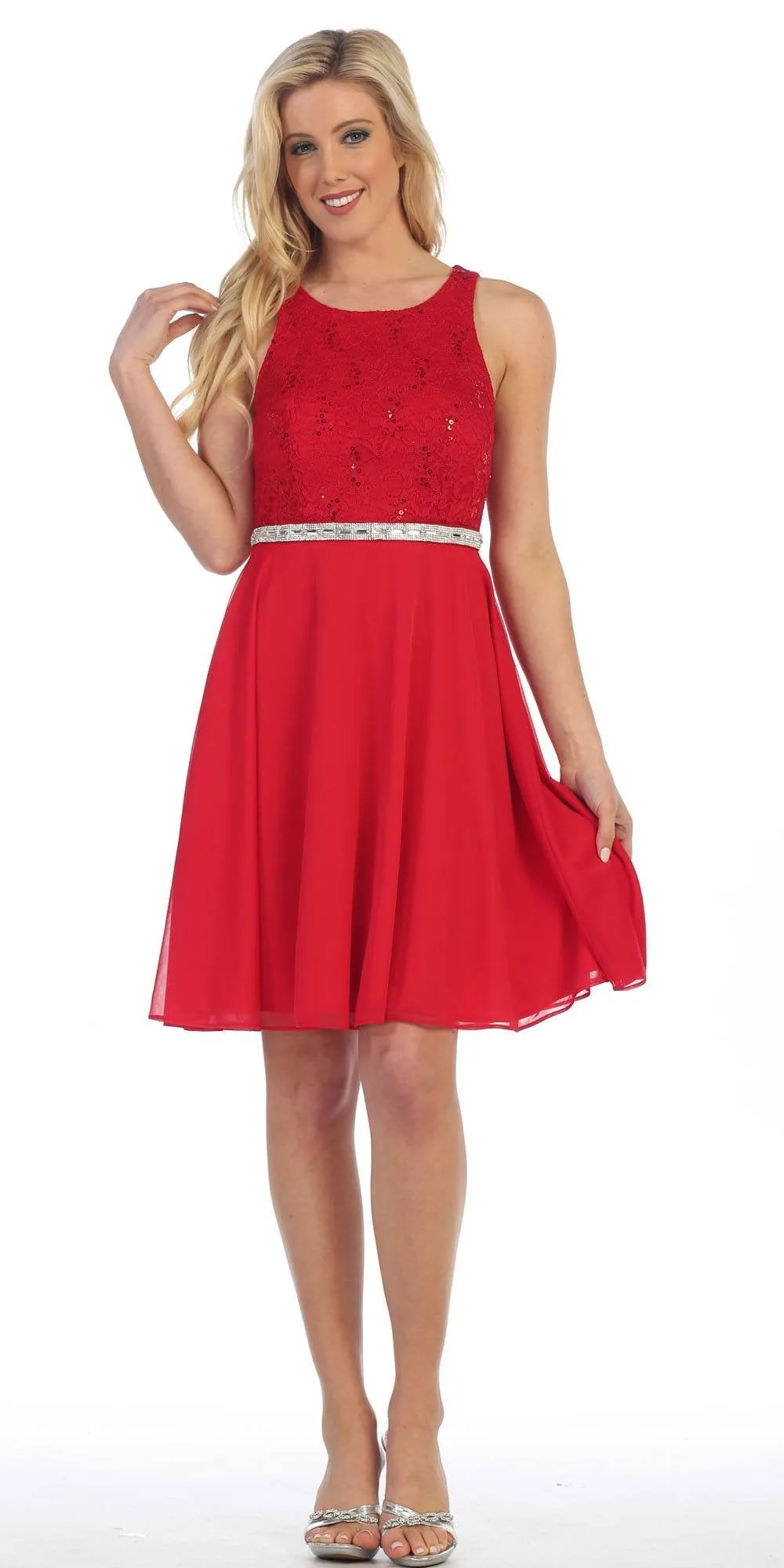 Celavie 6253 Scoop Neck Lace Top Knee-Length Cocktail Dress