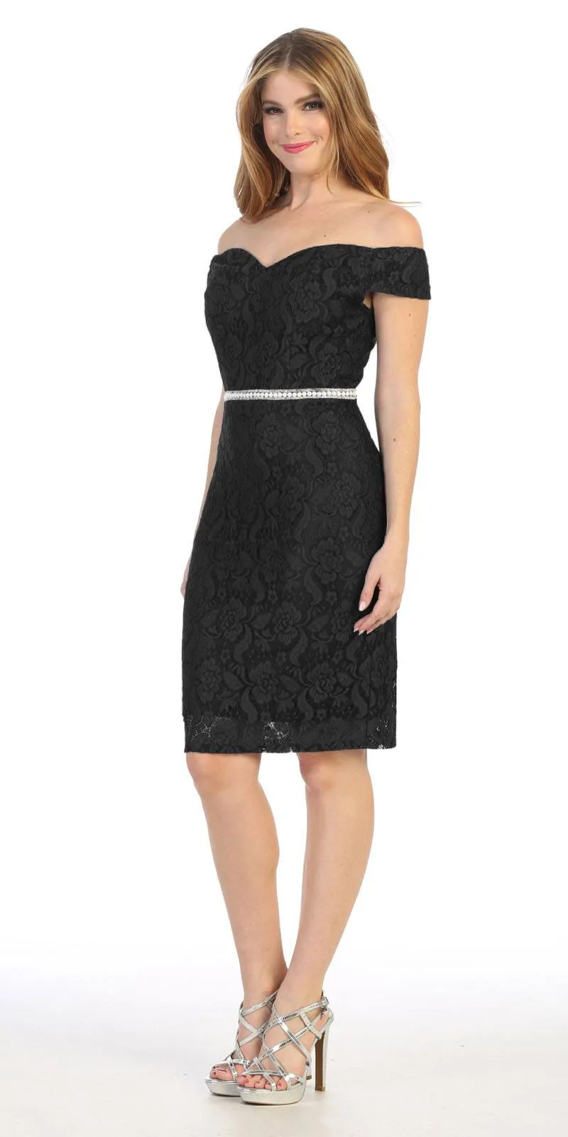 Celavie 6333 Off-the-Shoulder Cocktail Dress Embellished Waist