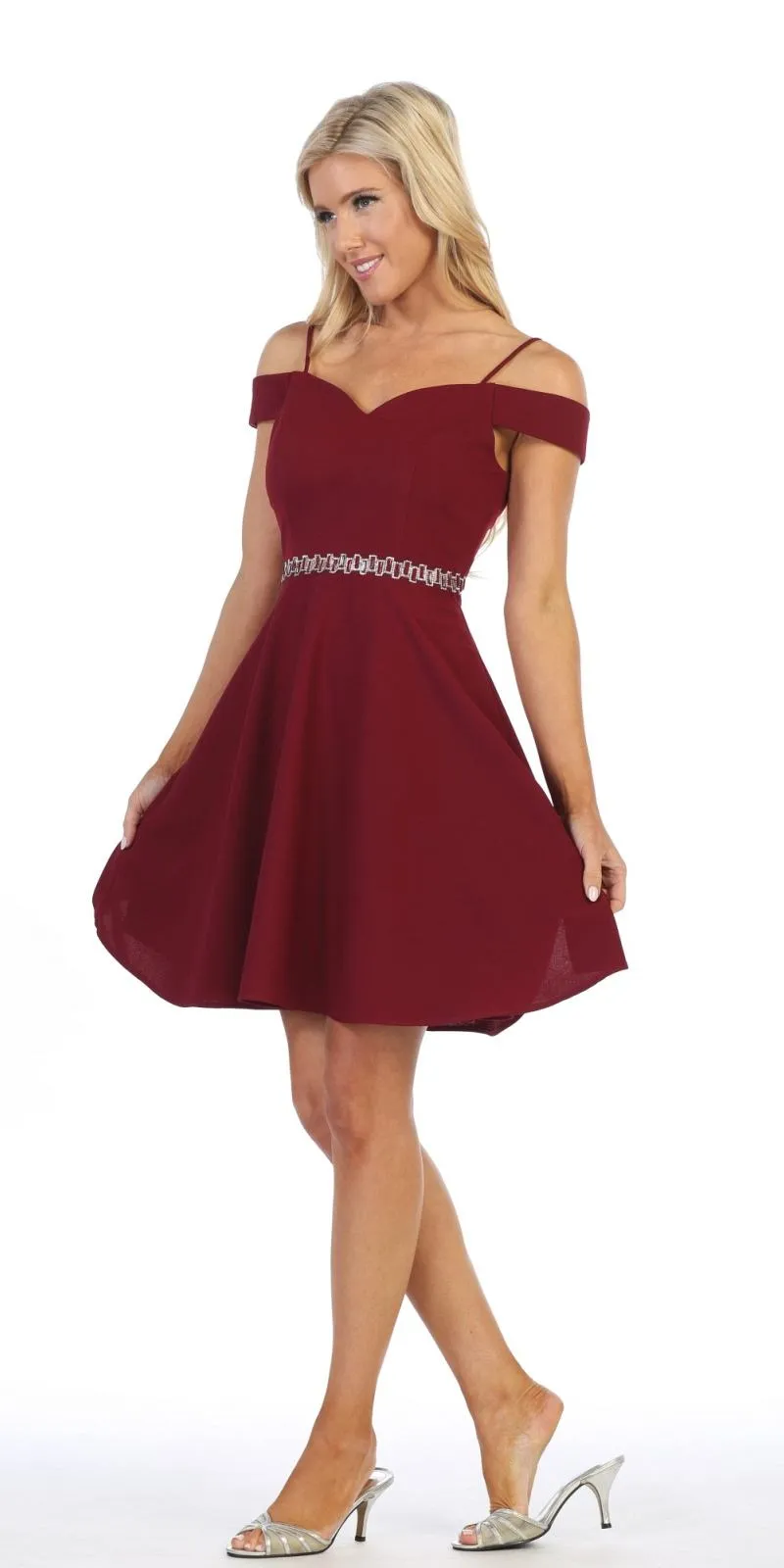Celavie 6395-S Knee Length Cold Shoulder A-Line Cocktail Dress