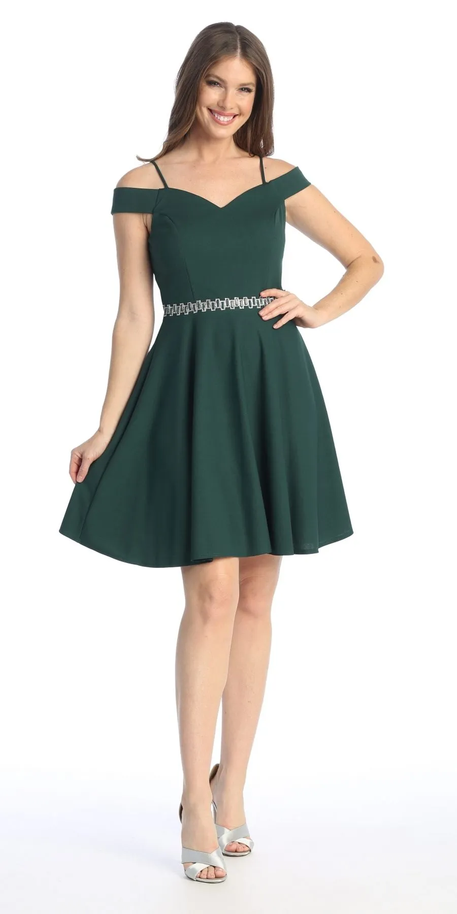Celavie 6395-S Knee Length Cold Shoulder A-Line Cocktail Dress