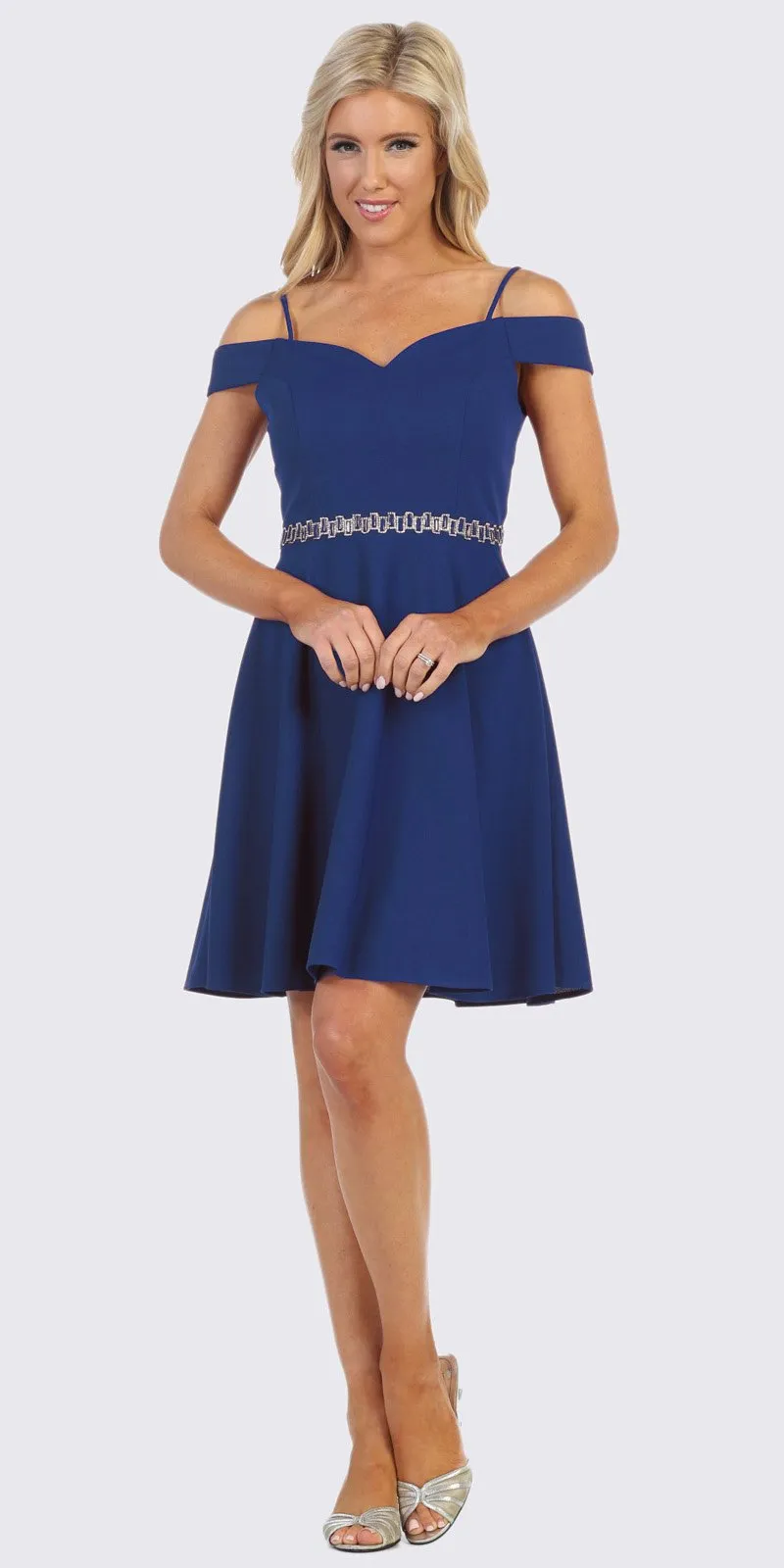 Celavie 6395-S Knee Length Cold Shoulder A-Line Cocktail Dress
