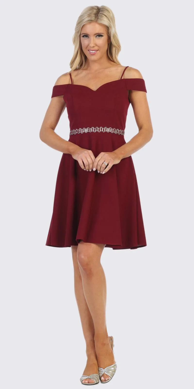 Celavie 6395-S Knee Length Cold Shoulder A-Line Cocktail Dress