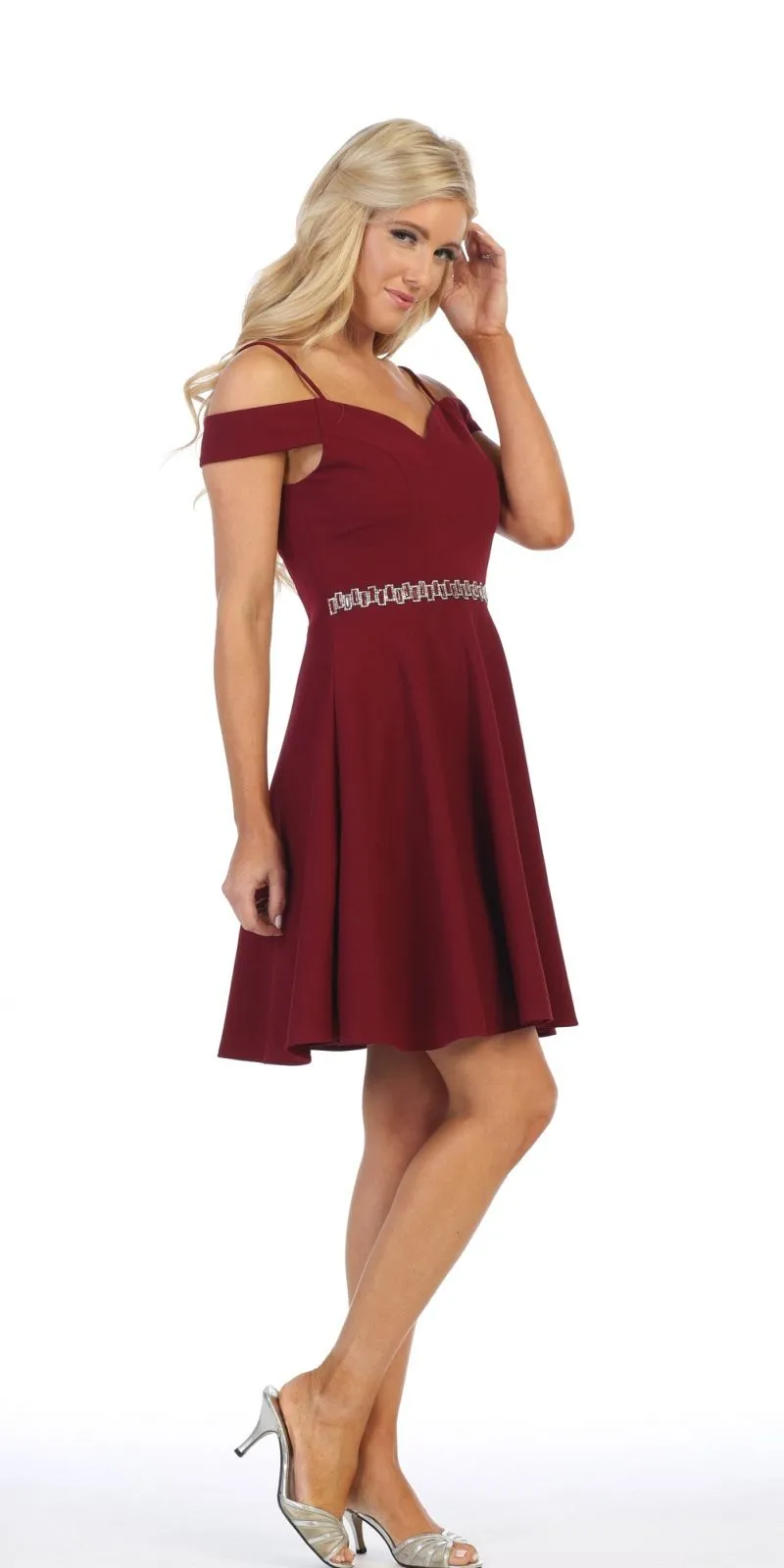 Celavie 6395-S Knee Length Cold Shoulder A-Line Cocktail Dress