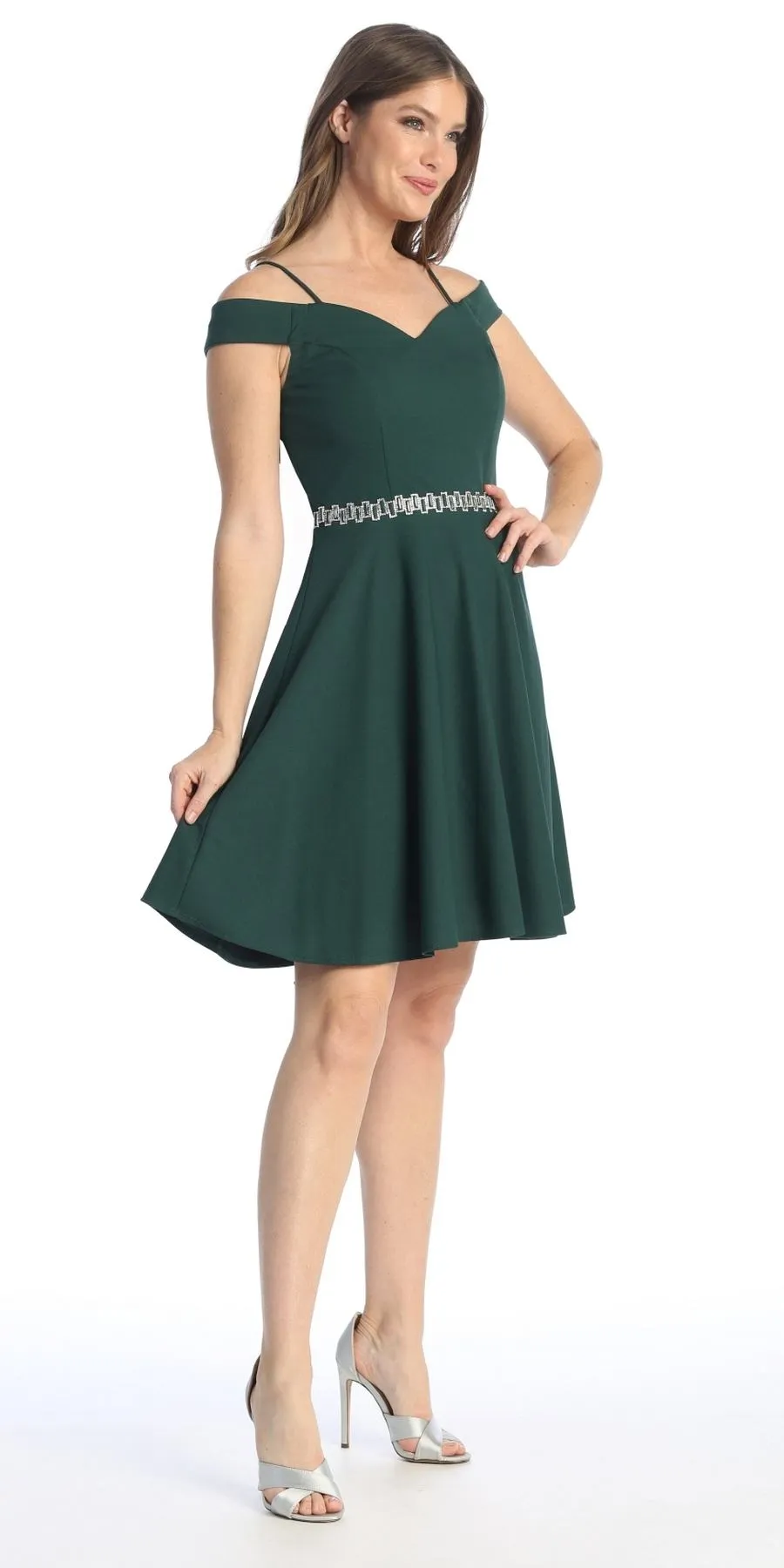 Celavie 6395-S Knee Length Cold Shoulder A-Line Cocktail Dress
