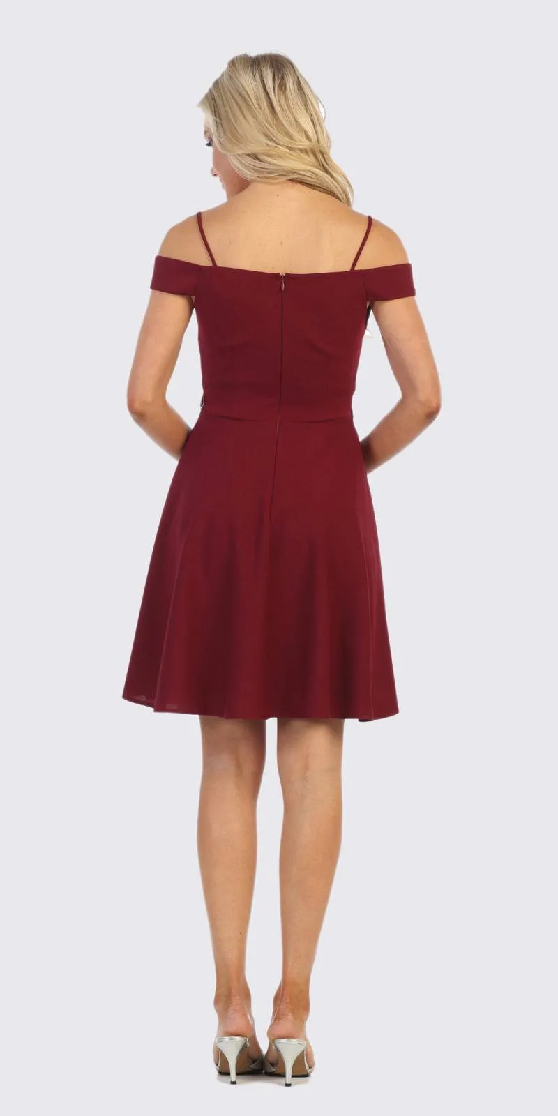 Celavie 6395-S Knee Length Cold Shoulder A-Line Cocktail Dress