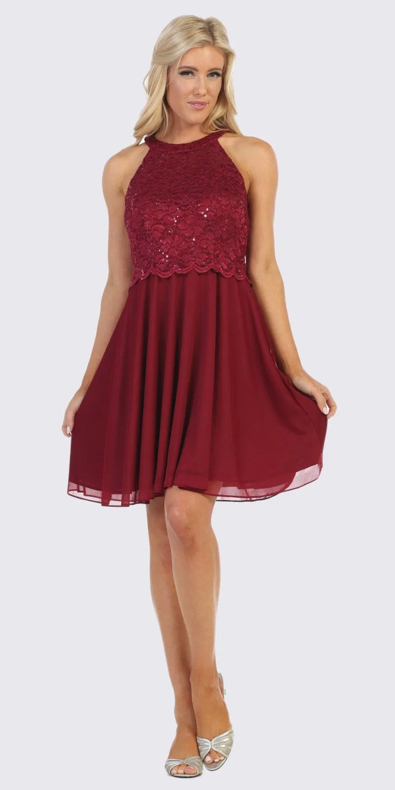 Celavie 6398 Lace Halter Short A-Line Chiffon Cocktail Dress