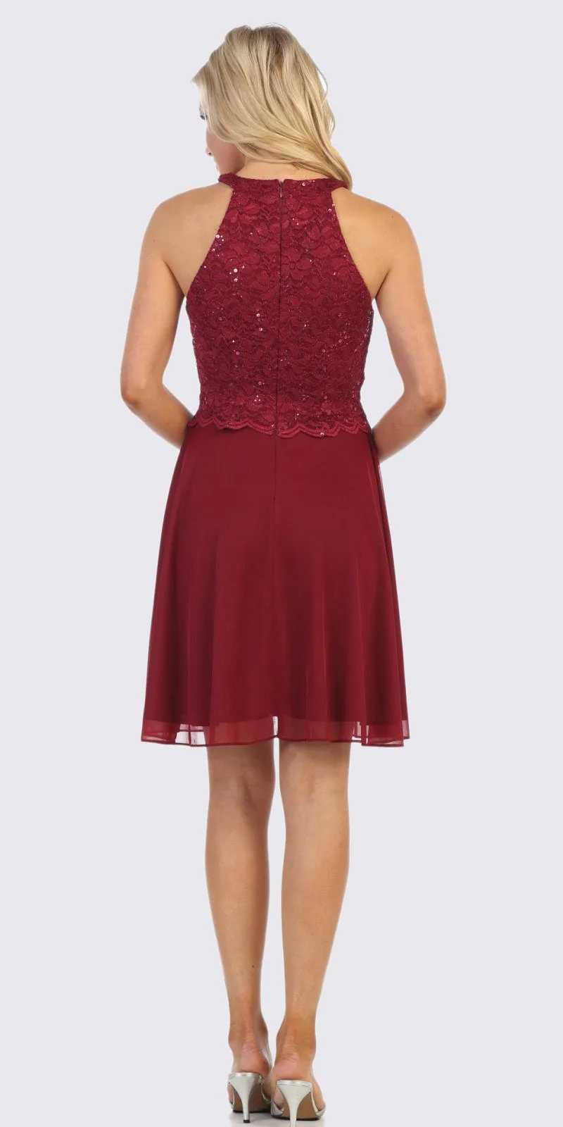 Celavie 6398 Lace Halter Short A-Line Chiffon Cocktail Dress