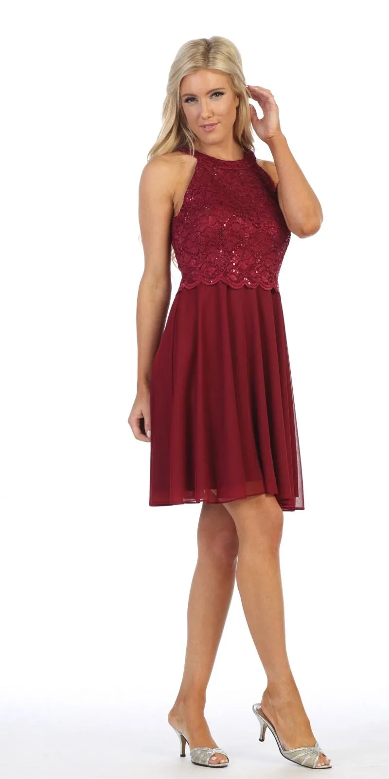 Celavie 6398 Lace Halter Short A-Line Chiffon Cocktail Dress