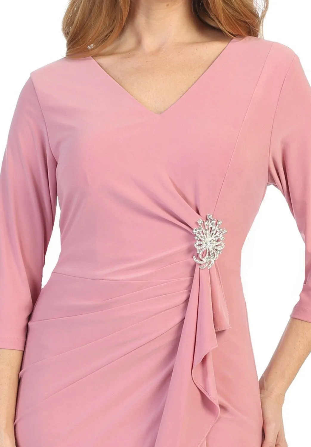 Celavie 6412 Quarter Sleeved Short Formal Dress with Brooch
