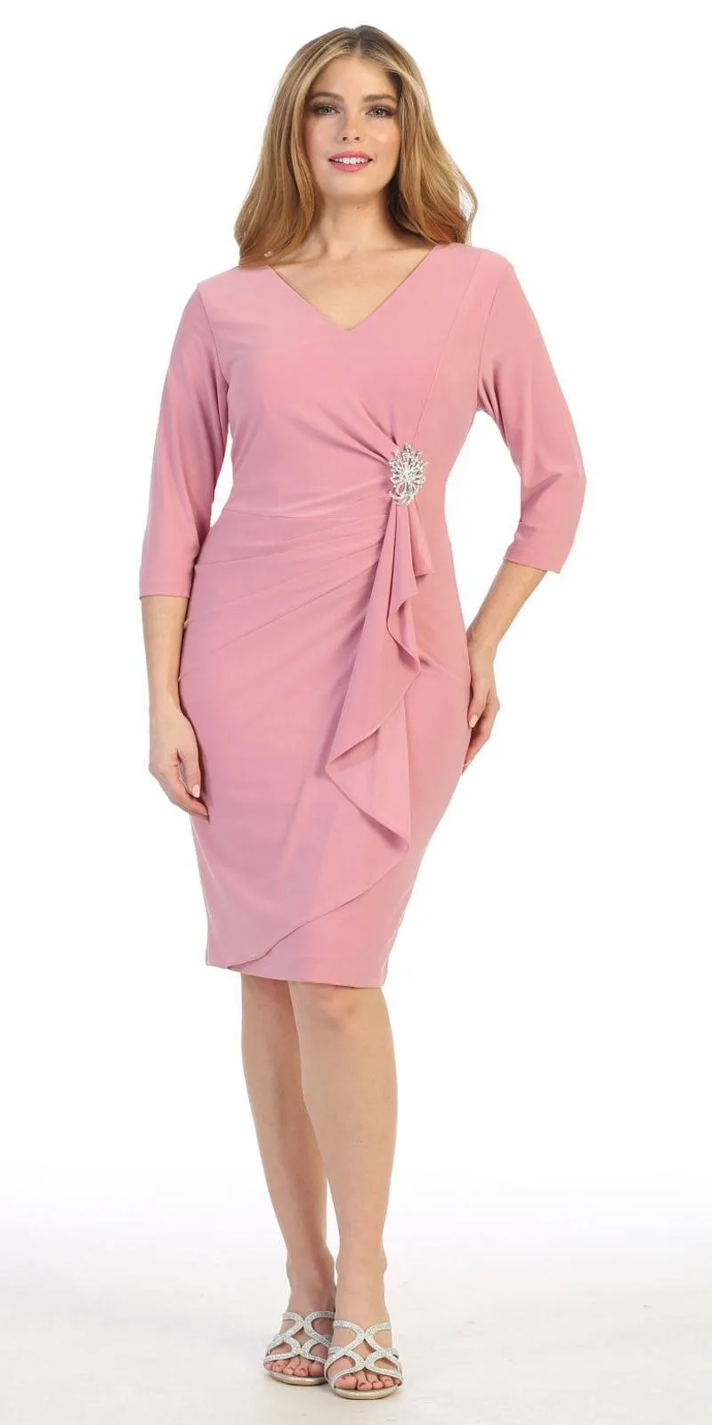 Celavie 6412 Quarter Sleeved Short Formal Dress with Brooch