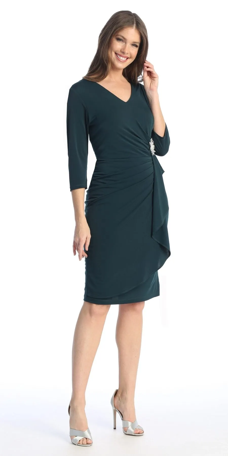 Celavie 6412 Quarter Sleeved Short Formal Dress with Brooch