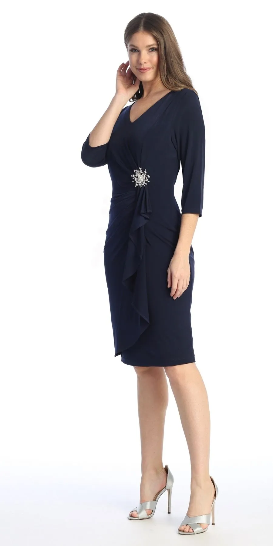 Celavie 6412 Quarter Sleeved Short Formal Dress with Brooch