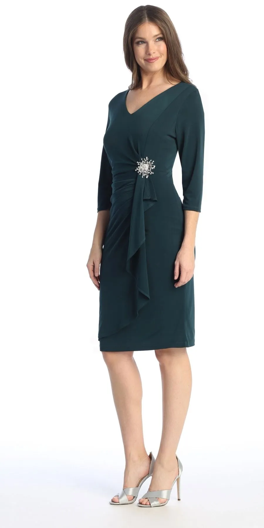 Celavie 6412 Quarter Sleeved Short Formal Dress with Brooch