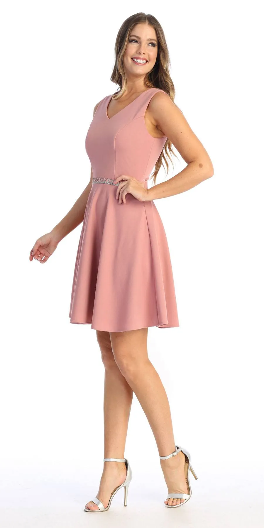 Celavie 6528-S Short A-Line Sleeveless Dress with Rhinestone Waist