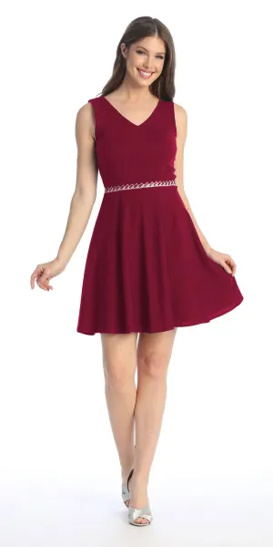 Celavie 6528-S Short A-Line Sleeveless Dress with Rhinestone Waist