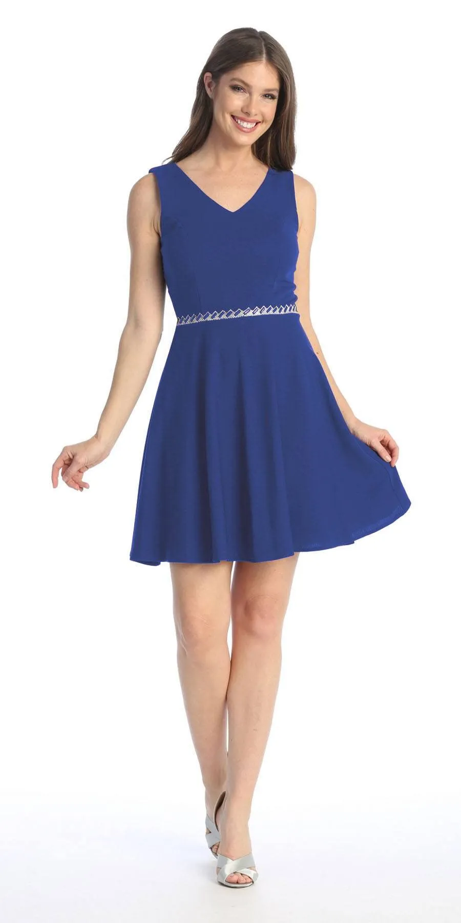 Celavie 6528-S Short A-Line Sleeveless Dress with Rhinestone Waist