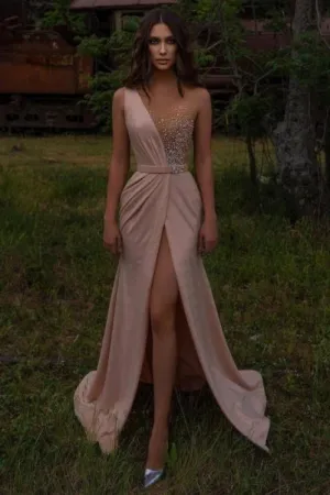 Charming glitter Evening Dresses Long V Neck Prom dresses with Front Slit
