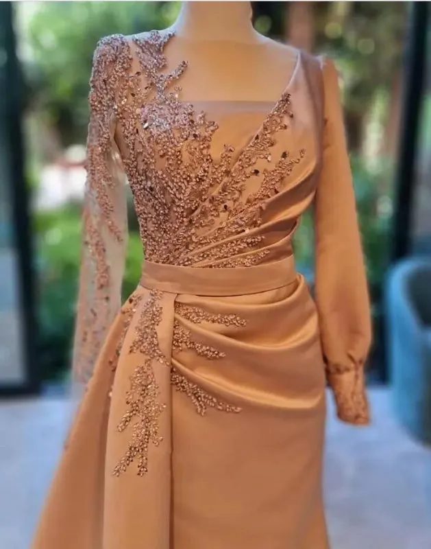 Charming Long Sleeves Prom Dress Satin Evening Party Dress with Side Sweep Train