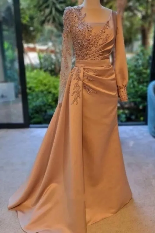 Charming Long Sleeves Prom Dress Satin Evening Party Dress with Side Sweep Train