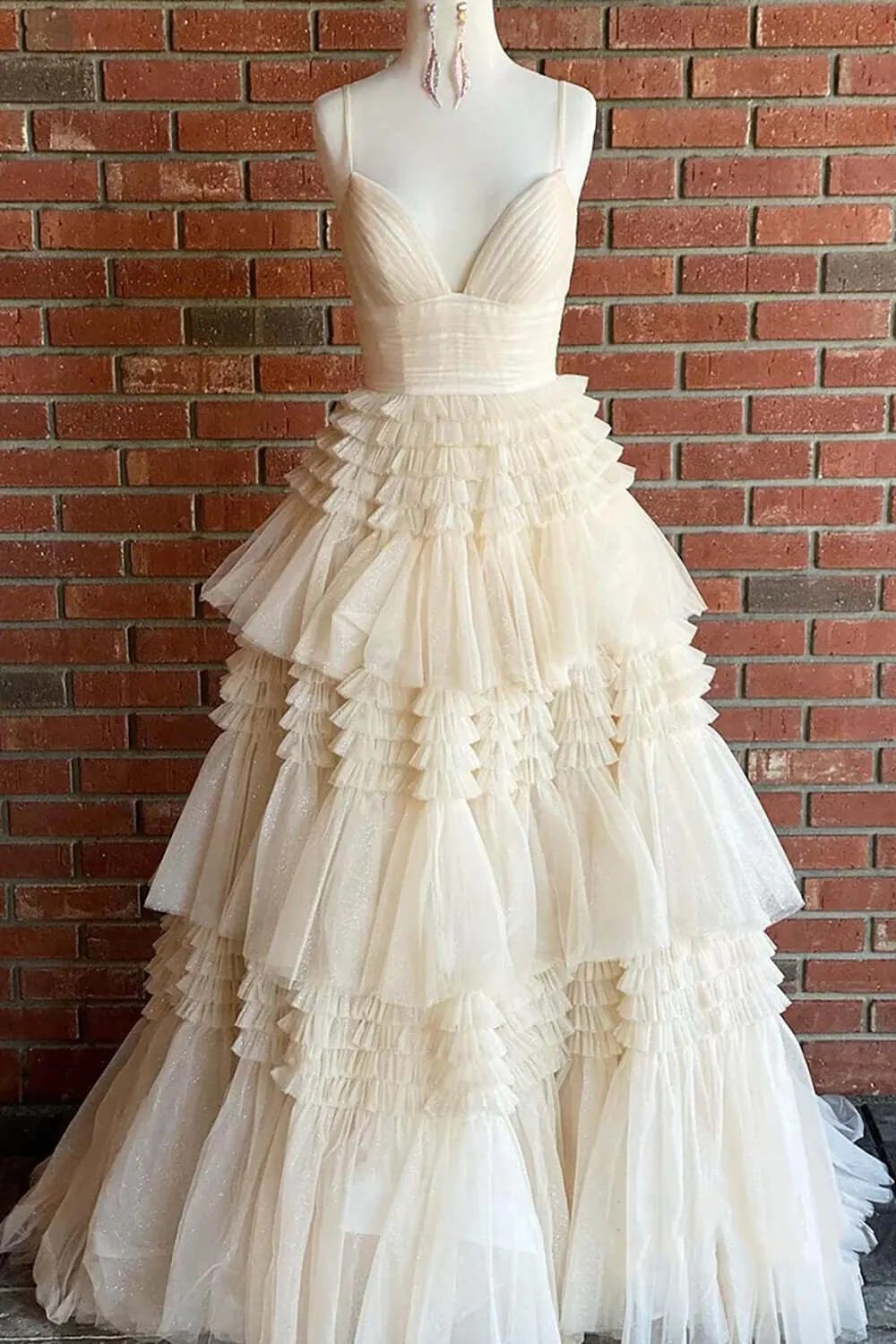 Cheap 2025 Prom Dresses Sequin Tulle V Neck Ruffles Formal Dresses Long