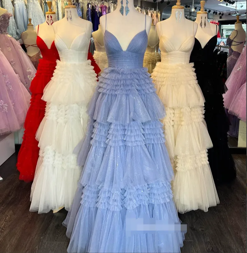 Cheap 2025 Prom Dresses Sequin Tulle V Neck Ruffles Formal Dresses Long