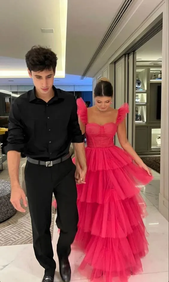 Cheap Pink Tulle 2025 Prom Dresses Ruffle Sleeveless Long Formal Evening Dress