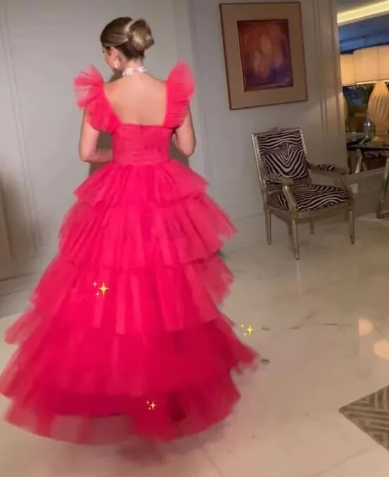Cheap Pink Tulle 2025 Prom Dresses Ruffle Sleeveless Long Formal Evening Dress