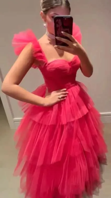 Cheap Pink Tulle 2025 Prom Dresses Ruffle Sleeveless Long Formal Evening Dress