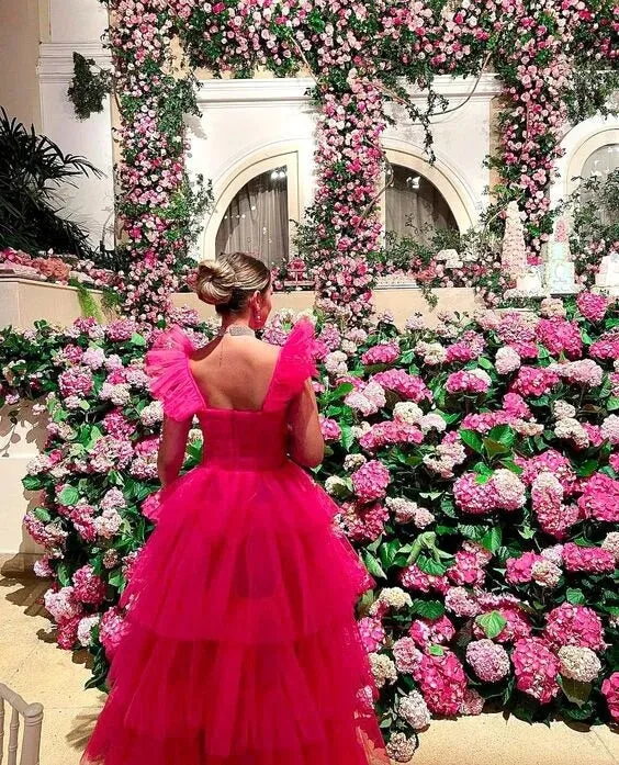 Cheap Pink Tulle 2025 Prom Dresses Ruffle Sleeveless Long Formal Evening Dress