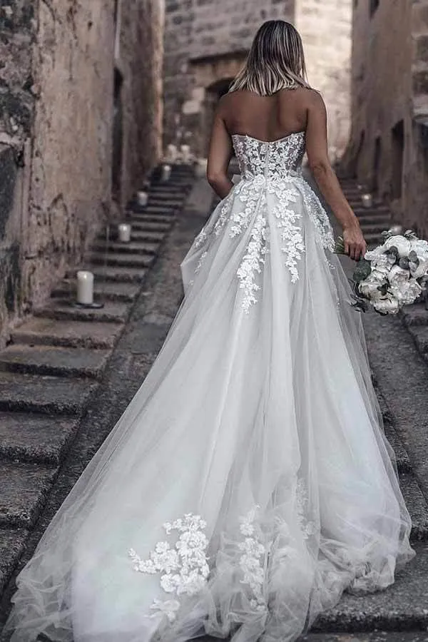 Cheap Tulle A-line Sweetheart Long Wedding Dresses with Lace Appliques,MW394