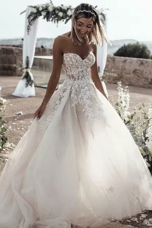Cheap Tulle A-line Sweetheart Long Wedding Dresses with Lace Appliques,MW394