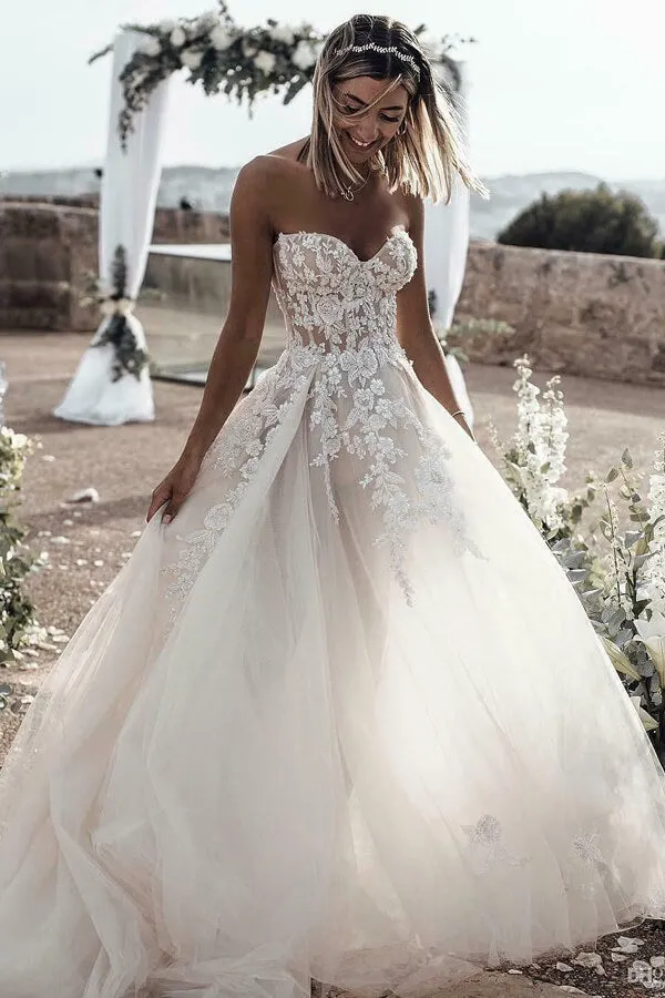 Cheap Tulle A-line Sweetheart Long Wedding Dresses with Lace Appliques,MW394