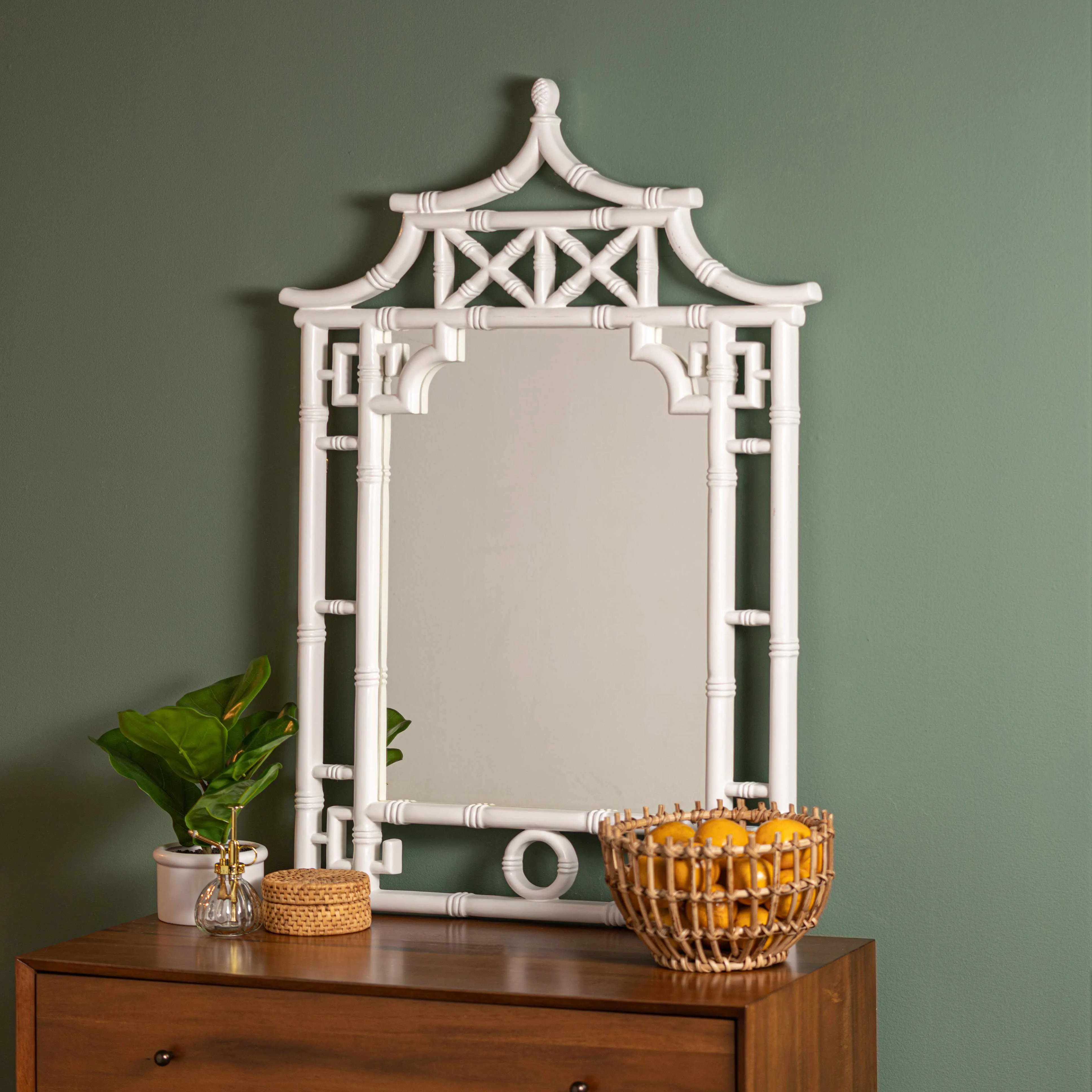 Chinoiserie Shing White Lacquered 42" Pagoda Mirror