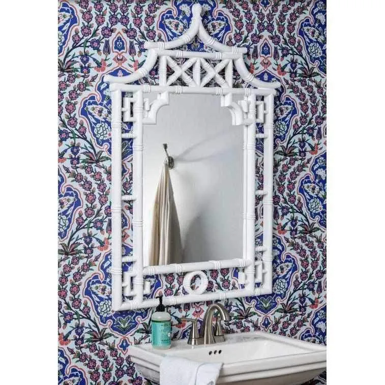 Chinoiserie Shing White Lacquered 42" Pagoda Mirror