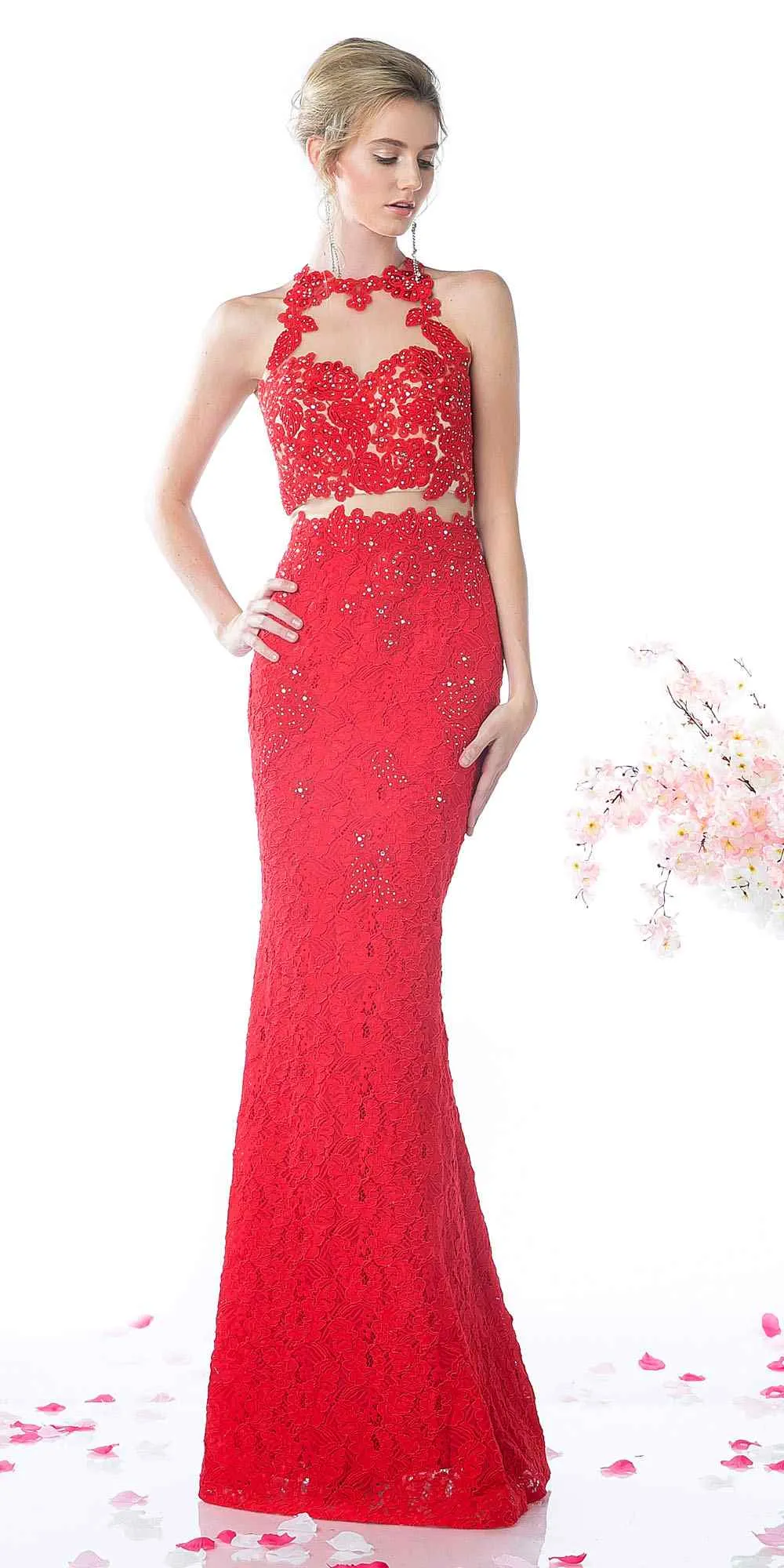 Cinderella Divine 1586 Halter Lace Appliques Mock Two-Piece Gown