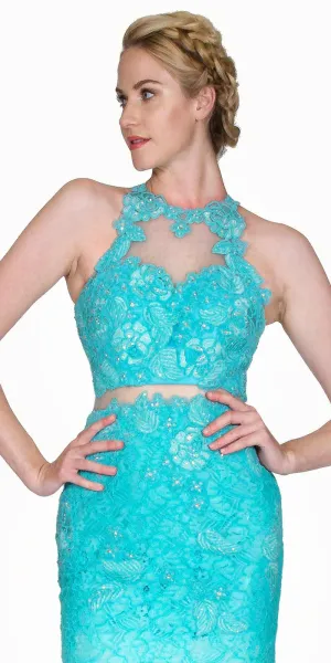 Cinderella Divine 1586 Halter Lace Appliques Mock Two-Piece Gown
