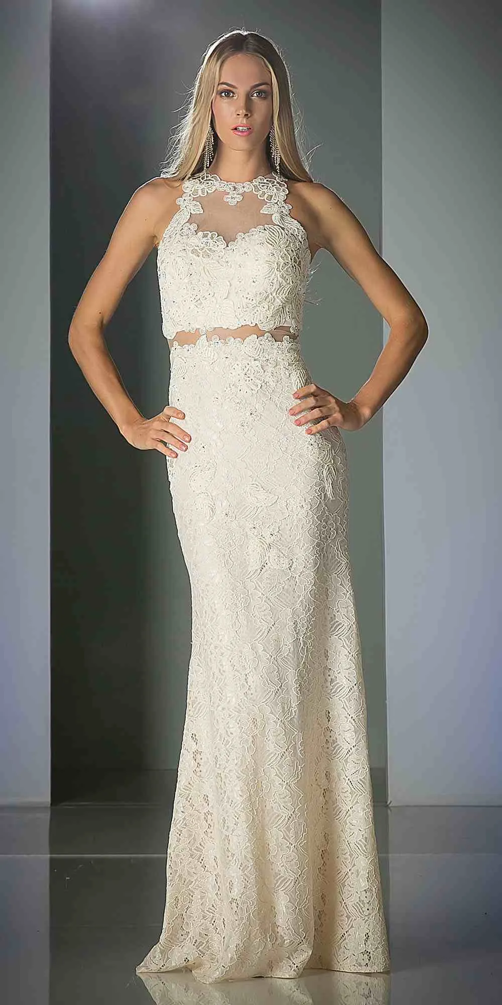 Cinderella Divine 1586 Halter Lace Appliques Mock Two-Piece Gown