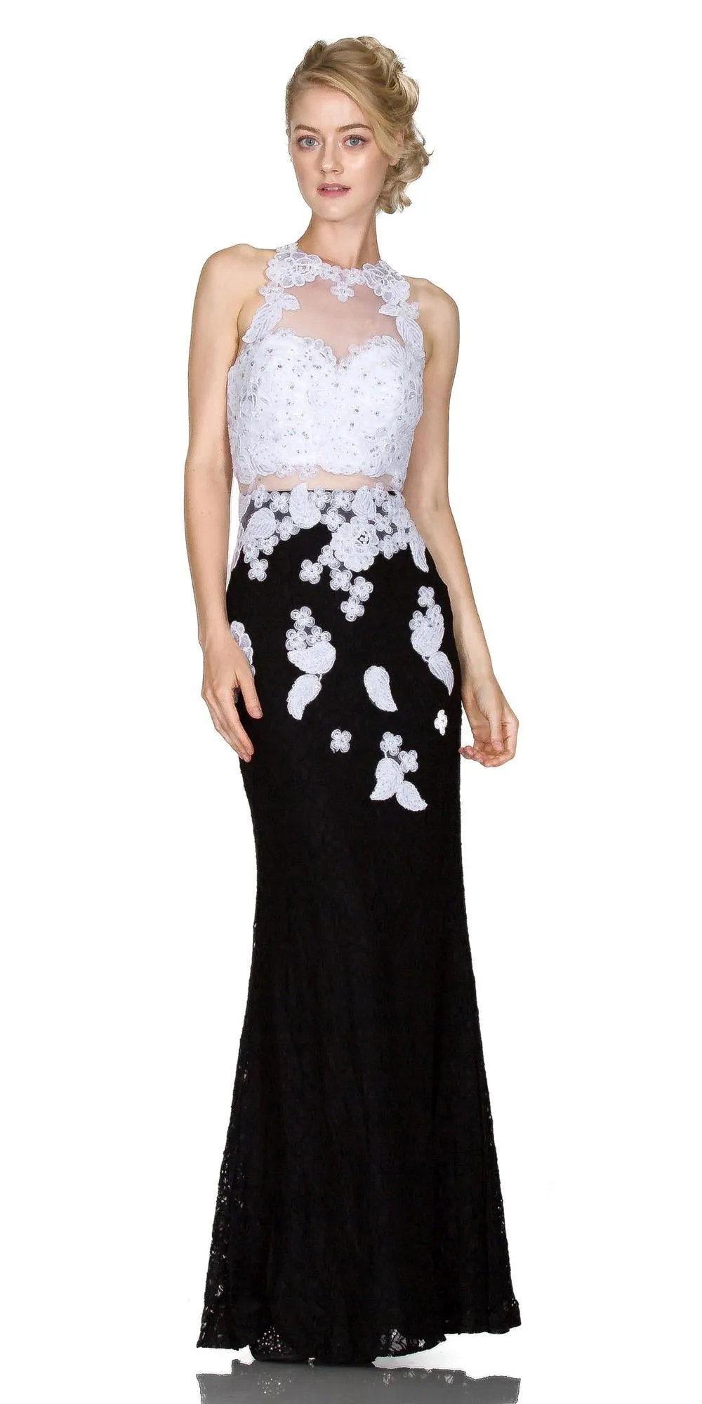 Cinderella Divine 1586 Halter Lace Appliques Mock Two-Piece Gown