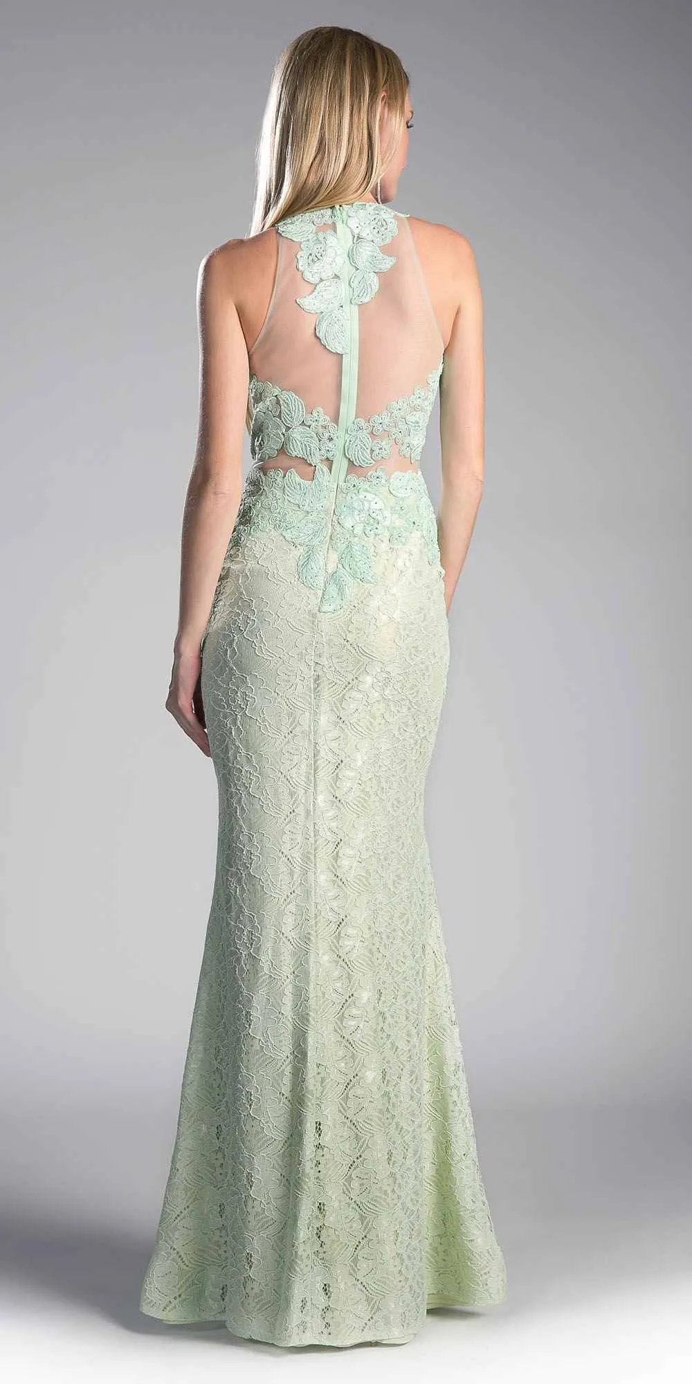 Cinderella Divine 1586 Halter Lace Appliques Mock Two-Piece Gown