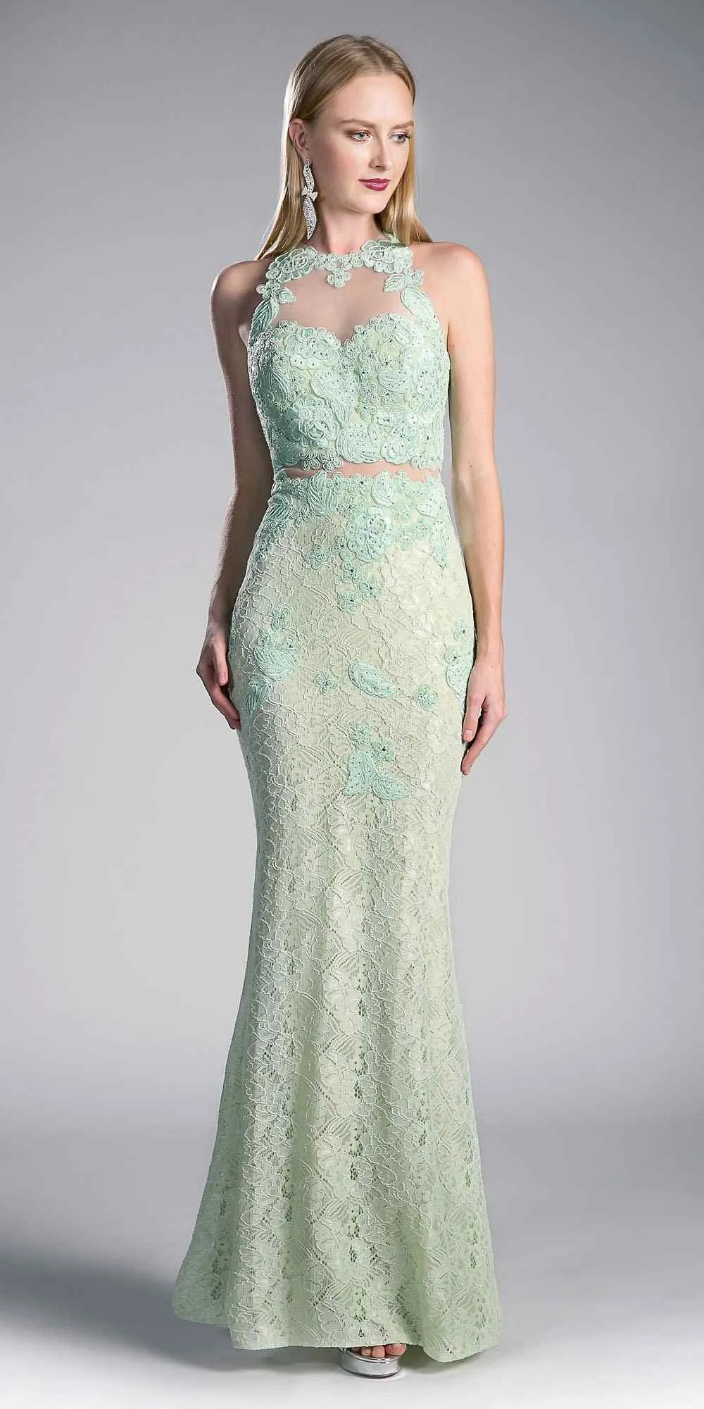 Cinderella Divine 1586 Halter Lace Appliques Mock Two-Piece Gown
