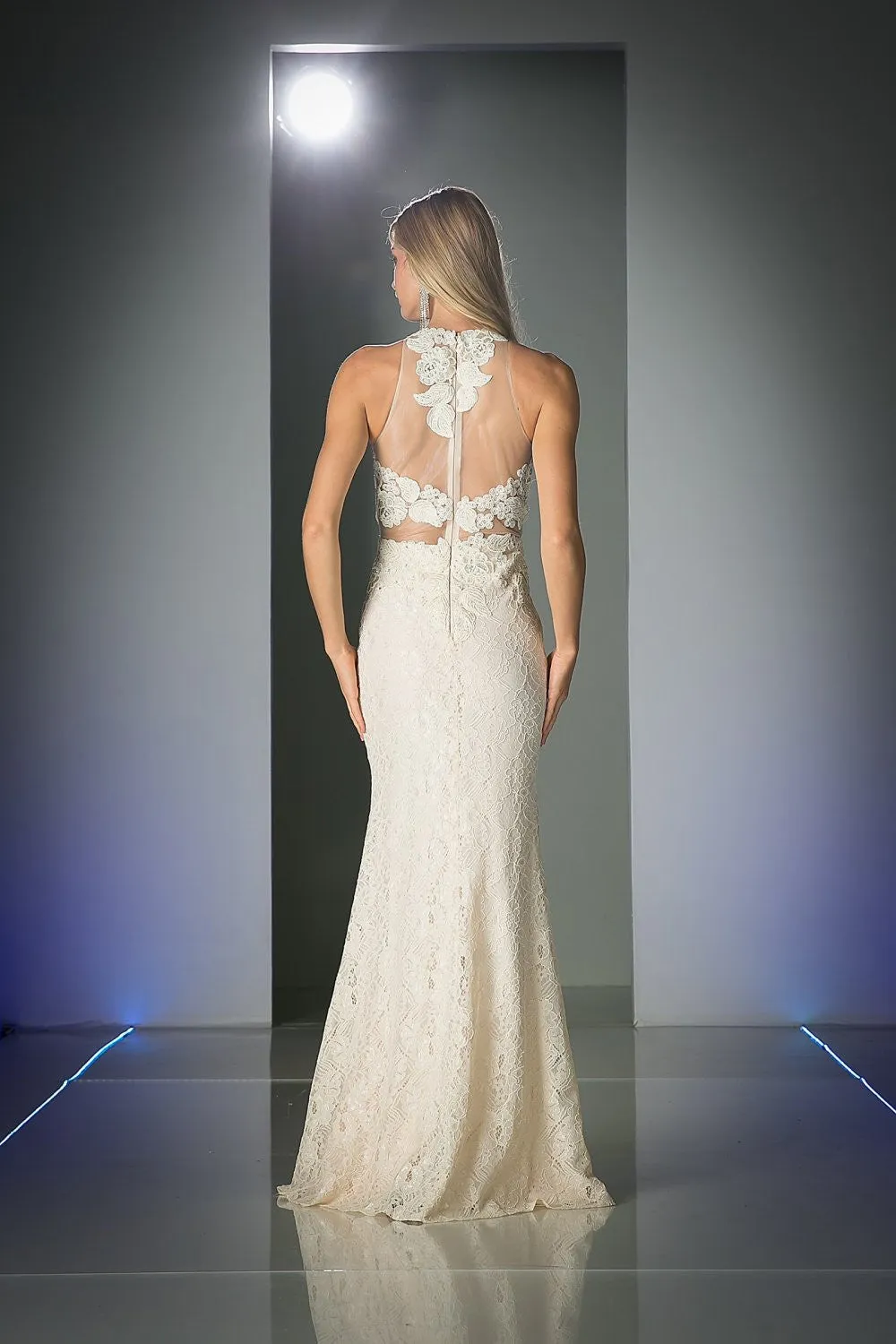 Cinderella Divine 1586 Halter Lace Appliques Mock Two-Piece Gown