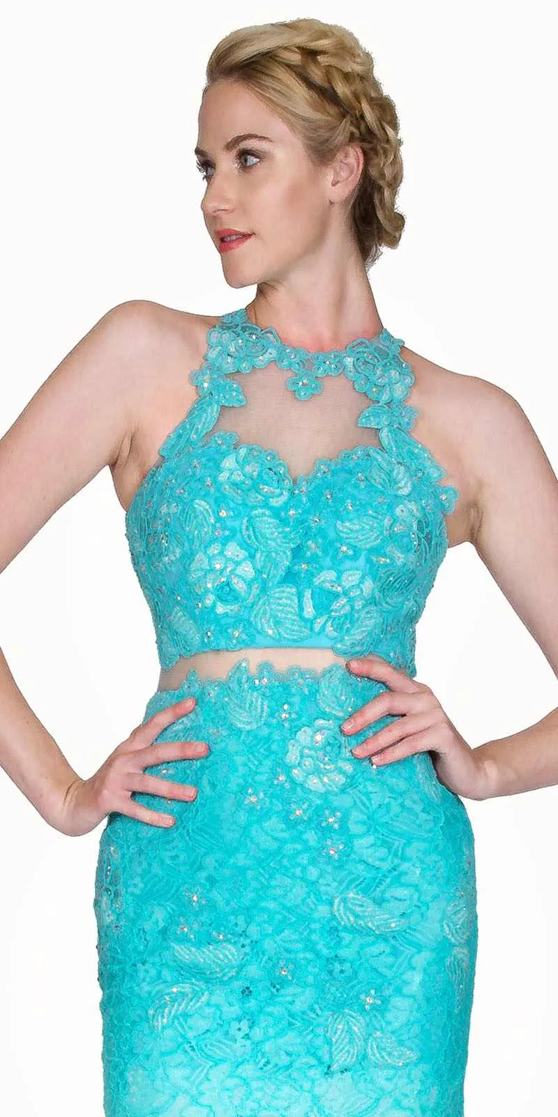 Cinderella Divine 1586 Halter Lace Appliques Mock Two-Piece Gown